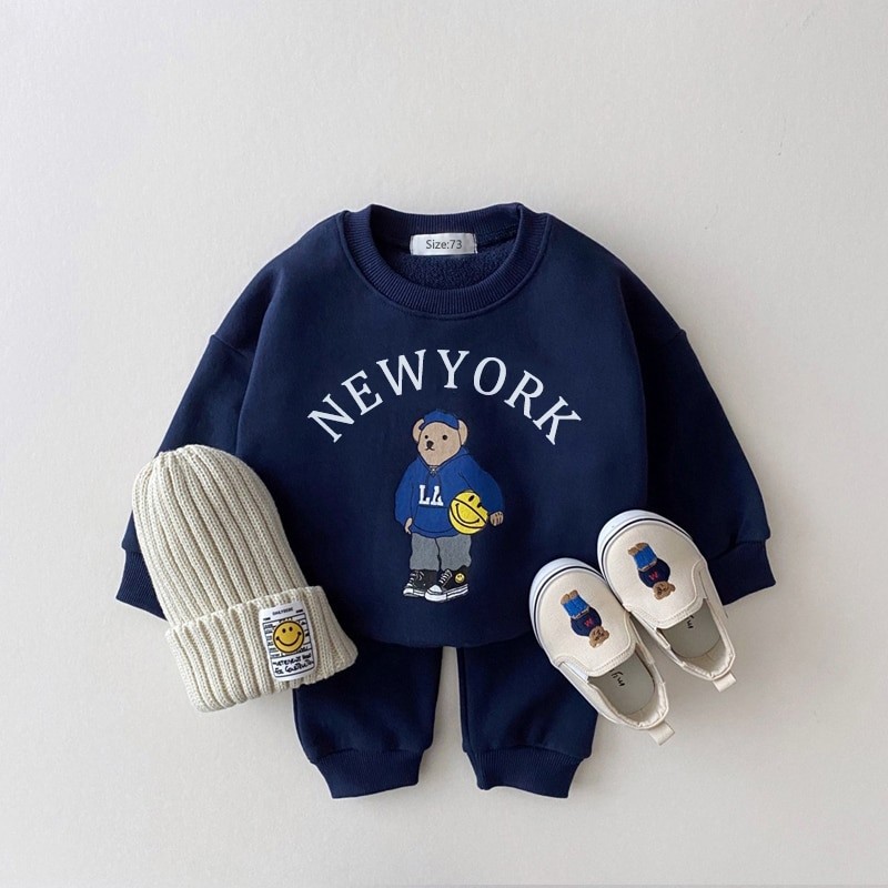 Korea 2022 Baby Boys Clothes Sets Letter Bear Girls Long Sleeve Casual Hoodie Sweatshirt+Pants 2pcs Kids Clothes Sports Suit New