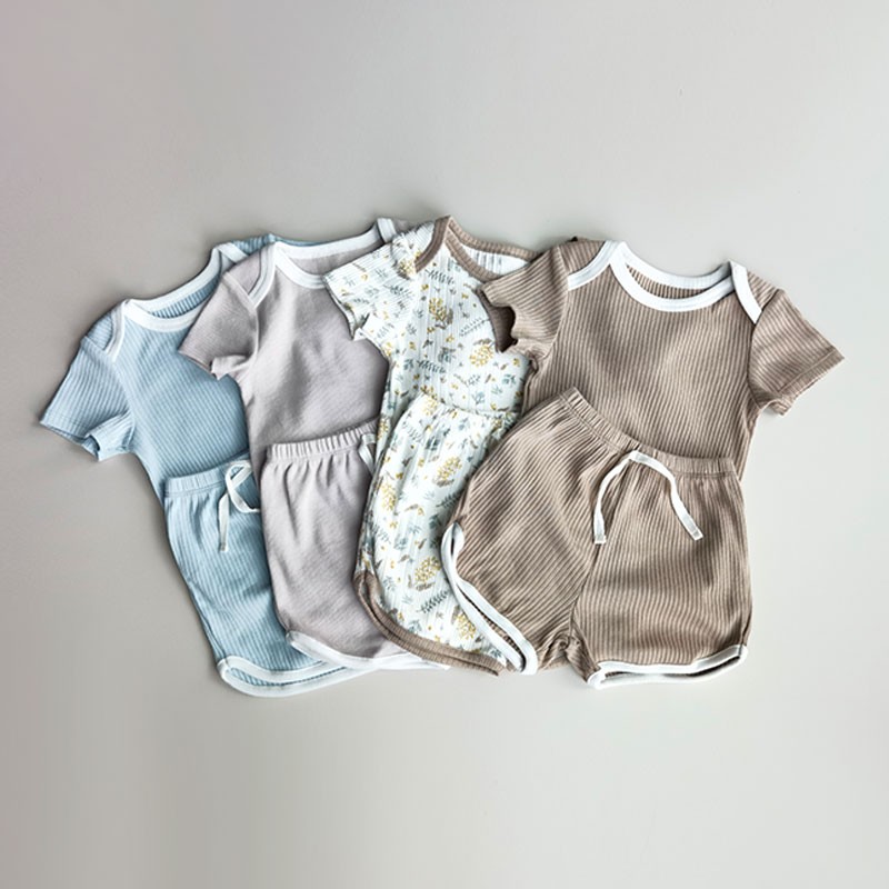 Summer Baby Kids Romper Sets Short Sleeve Flower Printed Bodysuit and Pants 2pcs Boys and Girls Clothing