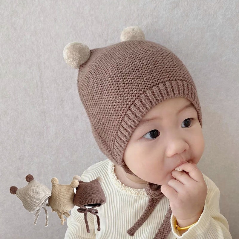 Winter Spring Crochet Baby Hat Soft Pompom Infant Girls Boys Cap Beanie Solid Color Kids Knitted Warm Ear Protection Bonnet Hat