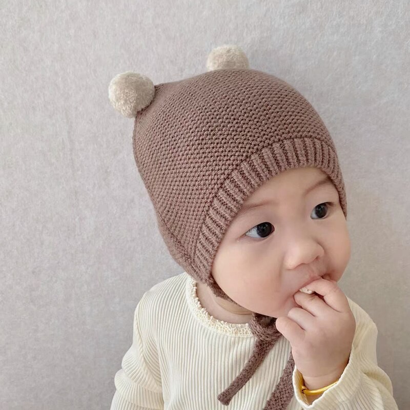 Winter Spring Crochet Baby Hat Soft Pompom Infant Girls Boys Cap Beanie Solid Color Kids Knitted Warm Ear Protection Bonnet Hat