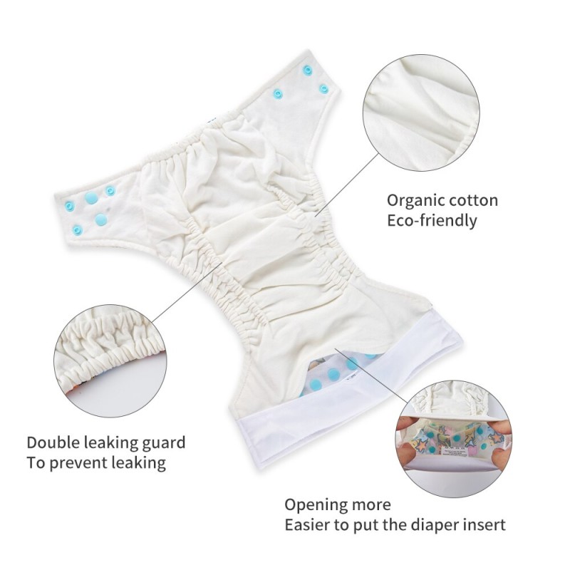 HappyFlute Eco-Friendly 3-15kg Organic Cotton Inner Double Leaking Guard Pocket Baby Cloth Diaper Nappy With 1Pcs Insert