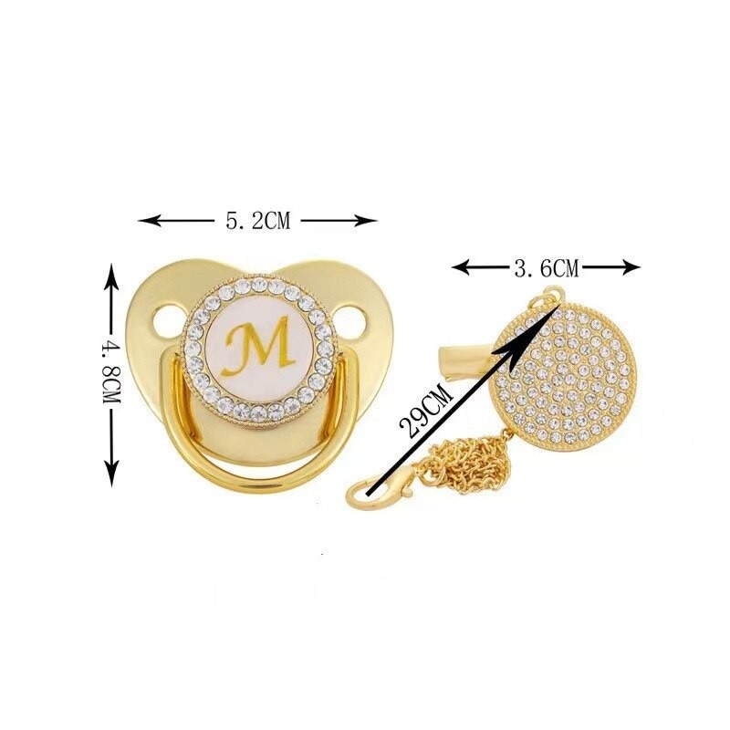 Name Initial Letter Baby Pacifier and Pacifier Clips BPA Free Silicone Infant Nipple Gold Bling Newborn Dummy Soother