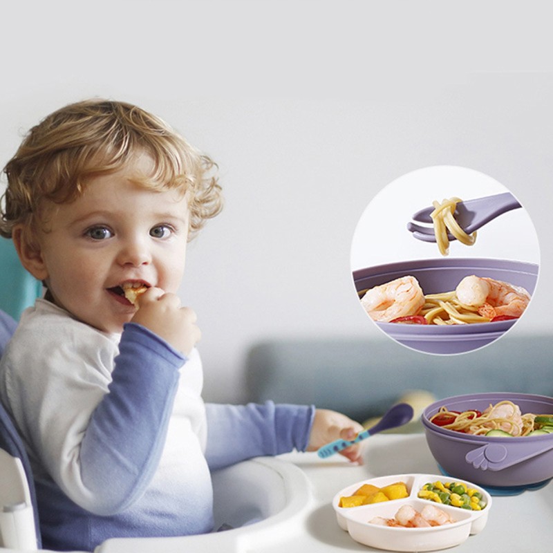 hibobi Baby Fall Prevention Solid Color Food Feeding 2 Layers Tableware with Bowls Plates Spoons Set Safe PP Plastics for Kids