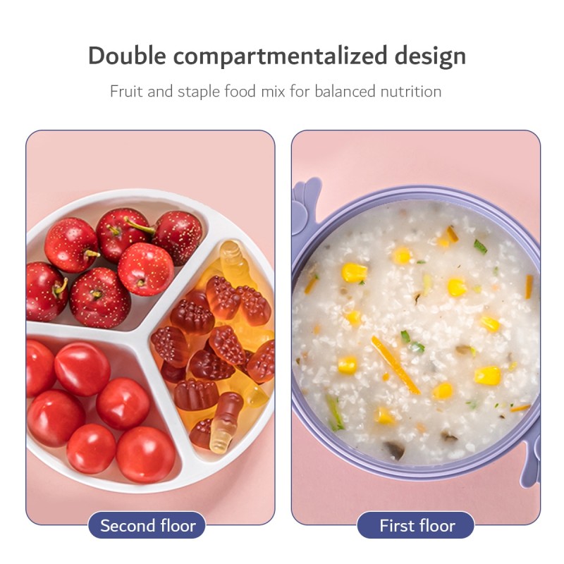 hibobi Baby Fall Prevention Solid Color Food Feeding 2 Layers Tableware with Bowls Plates Spoons Set Safe PP Plastics for Kids