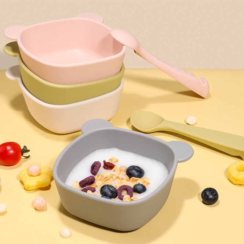 Modabebe 4 PCS Baby Silicone Bowl Set BPA Free Baby Feeding Set Silicone Bibs Spoons Fork Set Kids Tableware  Feeding Kit