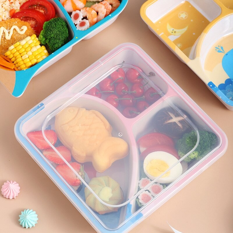 Bamboo Fiber Square Children's Tableware With Cover Baby Grid Dinner Plate Dinosaur Pattern Feeding Plate