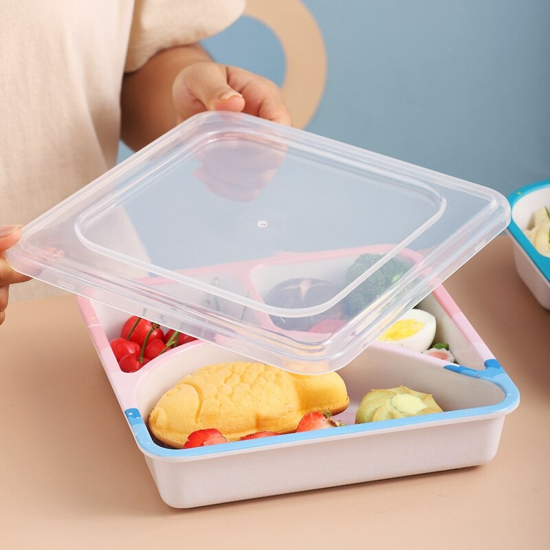 Bamboo Fiber Square Children's Tableware With Cover Baby Grid Dinner Plate Dinosaur Pattern Feeding Plate