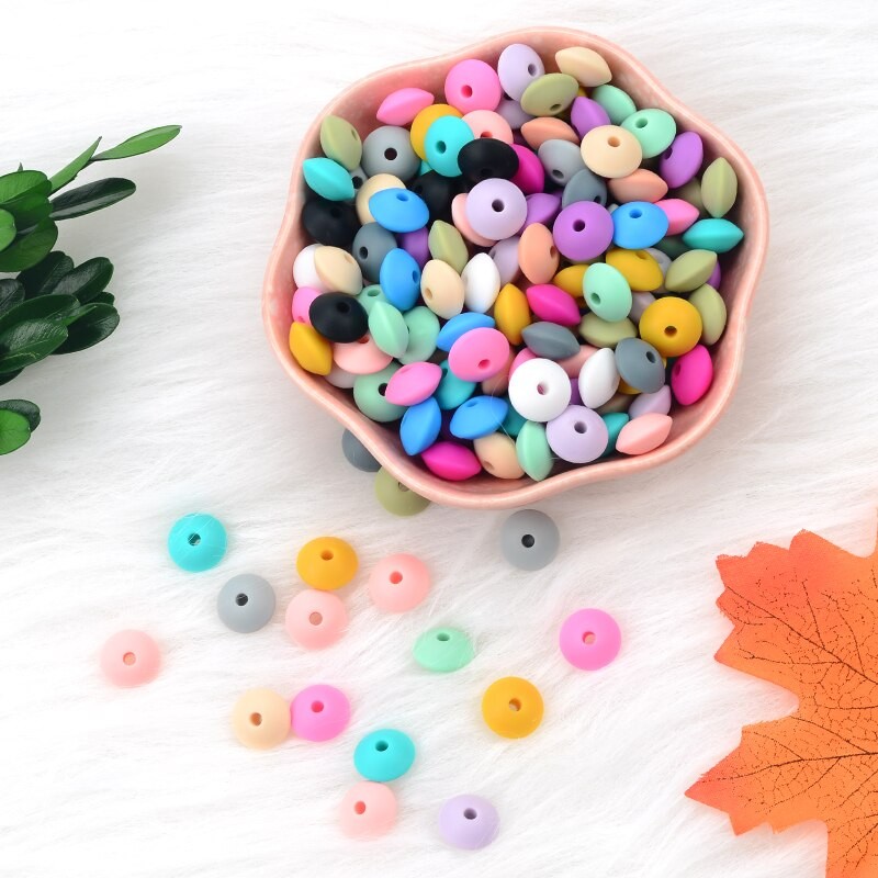 LOFCA Wholesale 50PCS Lentil Silicone Beads 12mm Food Grade Jewelry Beads Soft Chew Teething BPA Free DIY Charm Necklace Teether