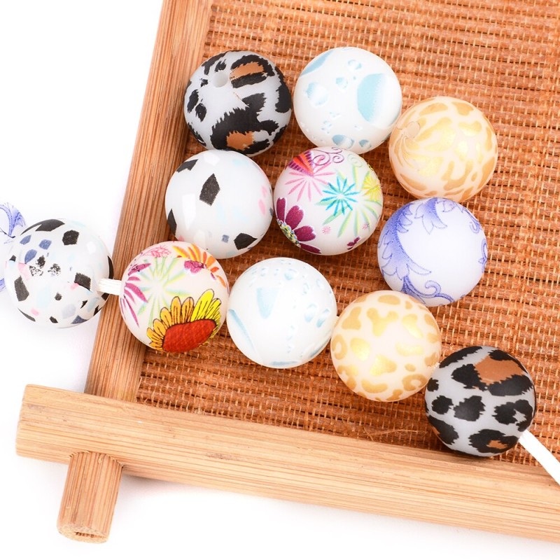 LOFCA 12mm/15mm-20pcs Luminous Round Beads Printed With Texture For Making DIY Edible Grade Silicone Making