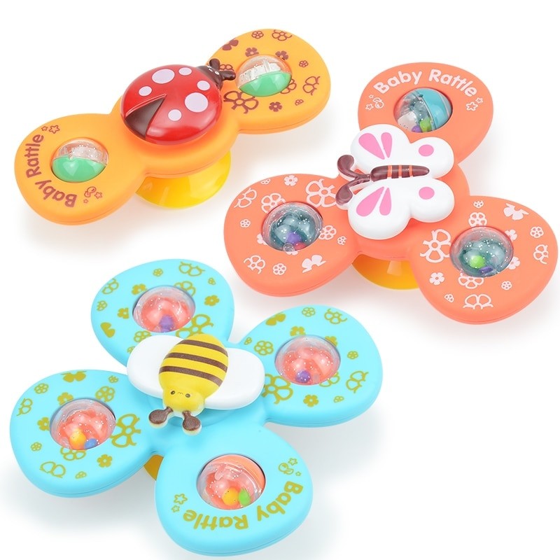 Suction Toys for Baby, Suction Cup Spinner Toy, 3 Pieces Baby Bath Toys Cartoon Animal Spinning Top Girls Boys Toys with Rustlin