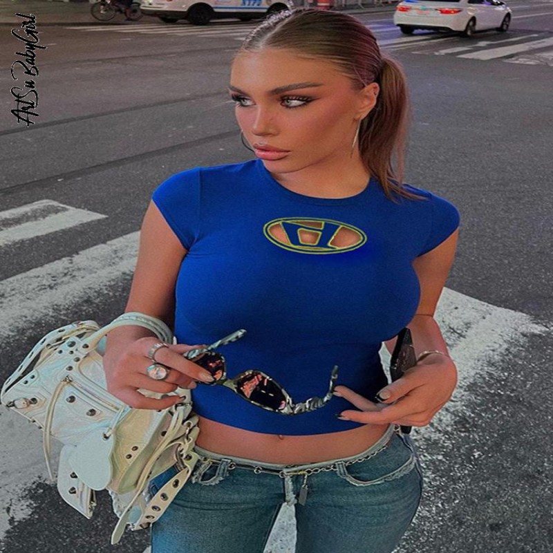 Crop Top Y2K Tops Letter Print Tshirt O Neck Short Sleeve Baby Tees Women Clothes Basic Blue 90s Causal Streetwear Black T Shirt