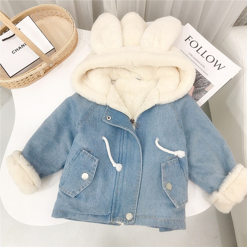 Girls Jackets Thick Warm Denim Coat Baby Cute Rabbit Ear Velvet Fur Hooded Outerwear for Autumn Kids Children Winter Suits 1-6Y