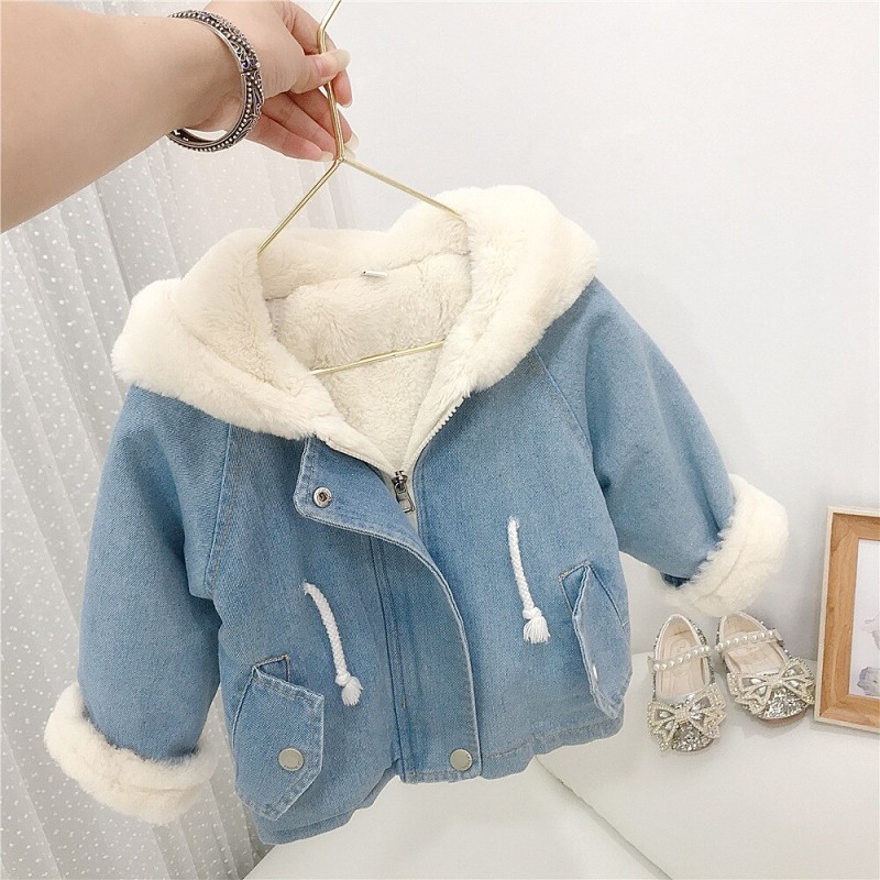 Girls Jackets Thick Warm Denim Coat Baby Cute Rabbit Ear Velvet Fur Hooded Outerwear for Autumn Kids Children Winter Suits 1-6Y