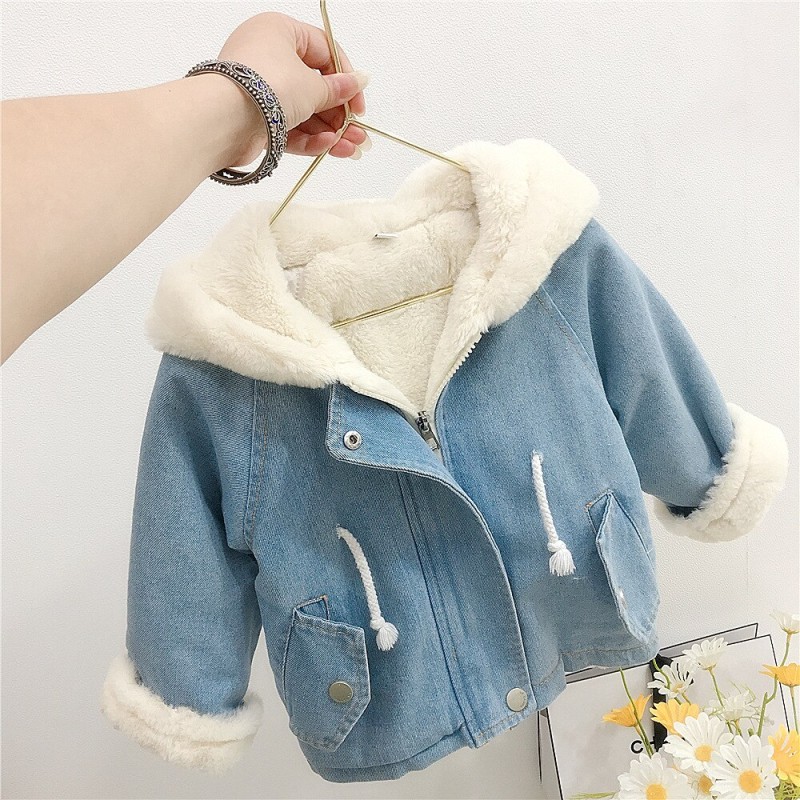 Girls Jackets Thick Warm Denim Coat Baby Cute Rabbit Ear Velvet Fur Hooded Outerwear for Autumn Kids Children Winter Suits 1-6Y