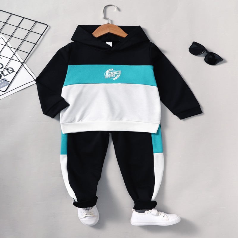 4-7Years Kids Toddler Boy Clothes Set Fashion Hooded Color Blocking Long sleeve Top with Pants Children Baby Autumn Outfit SuitS