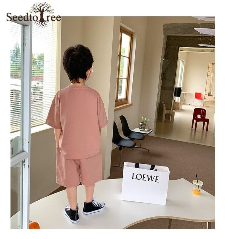Summer Casual Children's Sets 2-8Y Boys Girls Round Neck Short Sleeve T-Shirt Elastic Waist Shorts Two Pieces Suit Kids
