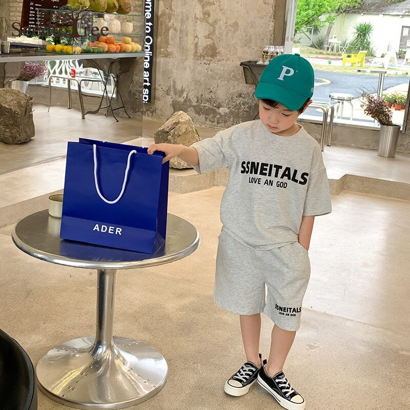 Summer Casual Children's Sets 2-8Y Boys Girls Round Neck Short Sleeve T-Shirt Elastic Waist Shorts Two Pieces Suit Kids