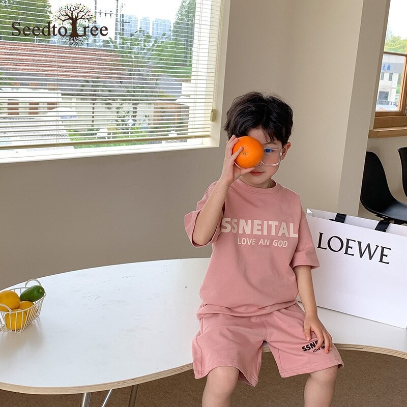 Summer Casual Children's Sets 2-8Y Boys Girls Round Neck Short Sleeve T-Shirt Elastic Waist Shorts Two Pieces Suit Kids