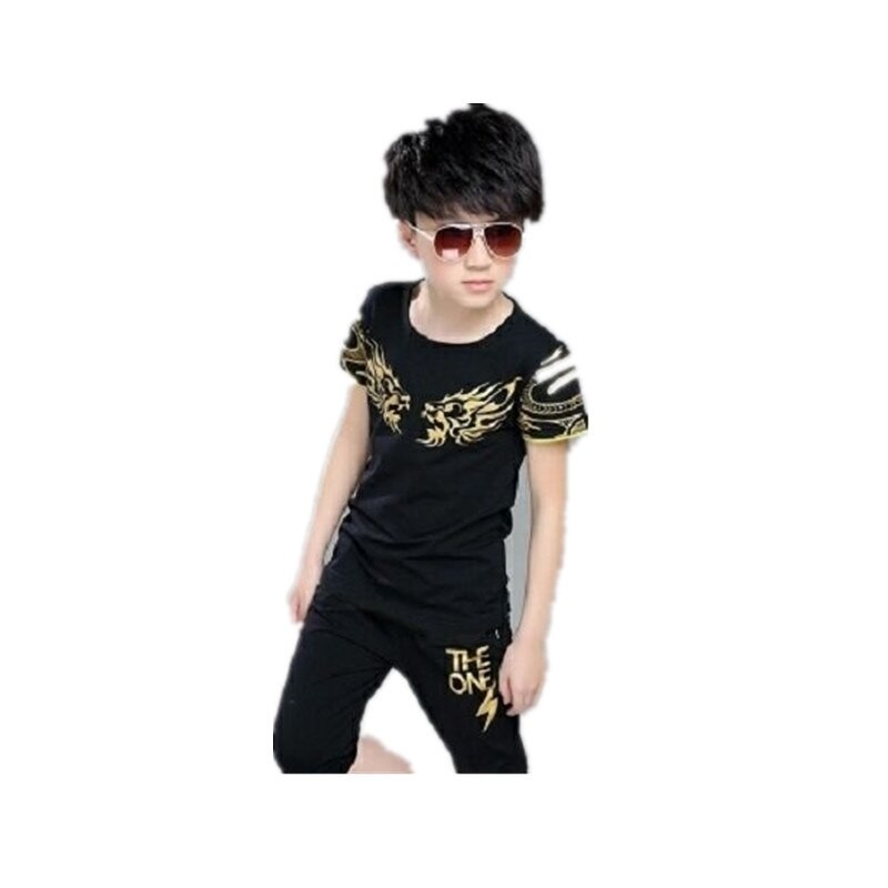 2022 New Boy Suit Summer Children's Clothing Cotton Casual T-shirt + Shorts 2 Piece Boys Set Dragon Pattern For 6 8 10 12 Years