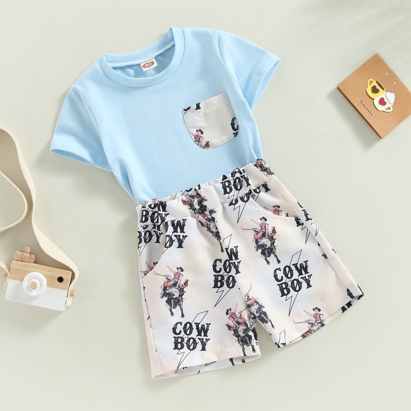 2023 0-3Y Infant Boys Summer Clothes Outfits Crew Neck Short Sleeve Pocket T-shirt+Elastic Waist Cow Boy Letter Shorts 2Pcs Suit