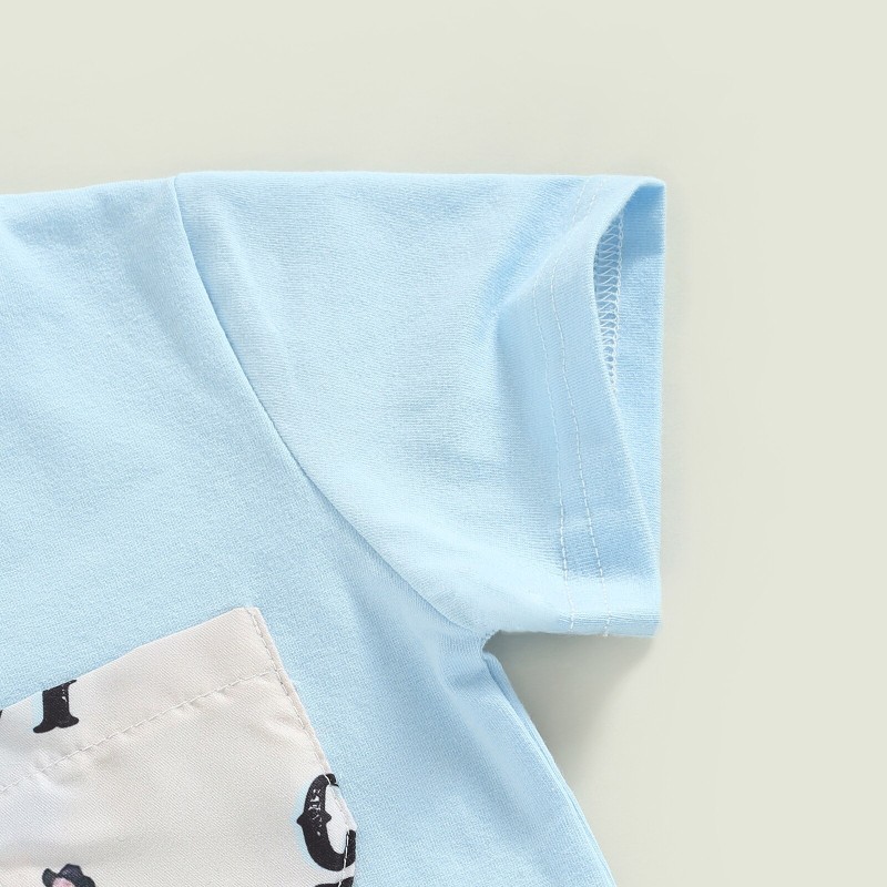 2023 0-3Y Infant Boys Summer Clothes Outfits Crew Neck Short Sleeve Pocket T-shirt+Elastic Waist Cow Boy Letter Shorts 2Pcs Suit