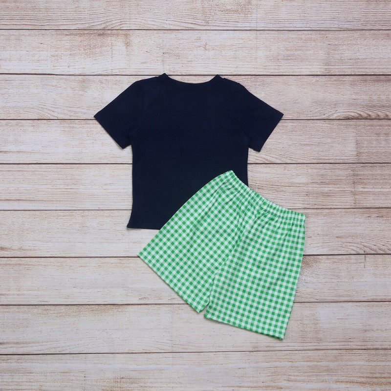 Summer Clothes Navy Blue Short Sleeve Top And Green Plaid Shorts Green Checkered Wild Duck Embroidery Pattern Boys Clothes