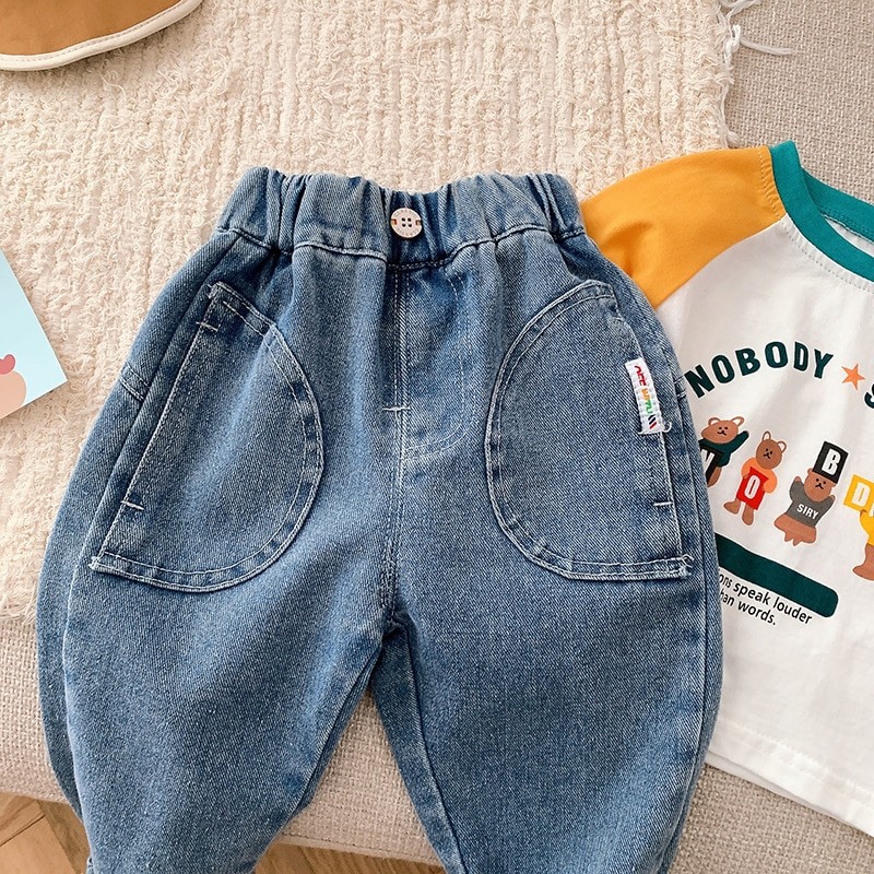 Kids Boy Jeans 0-6Years Children Cargo Denim Pant Solid Color Elastic Waist Loose Trouser Bottom Korea Style Spring Clothes