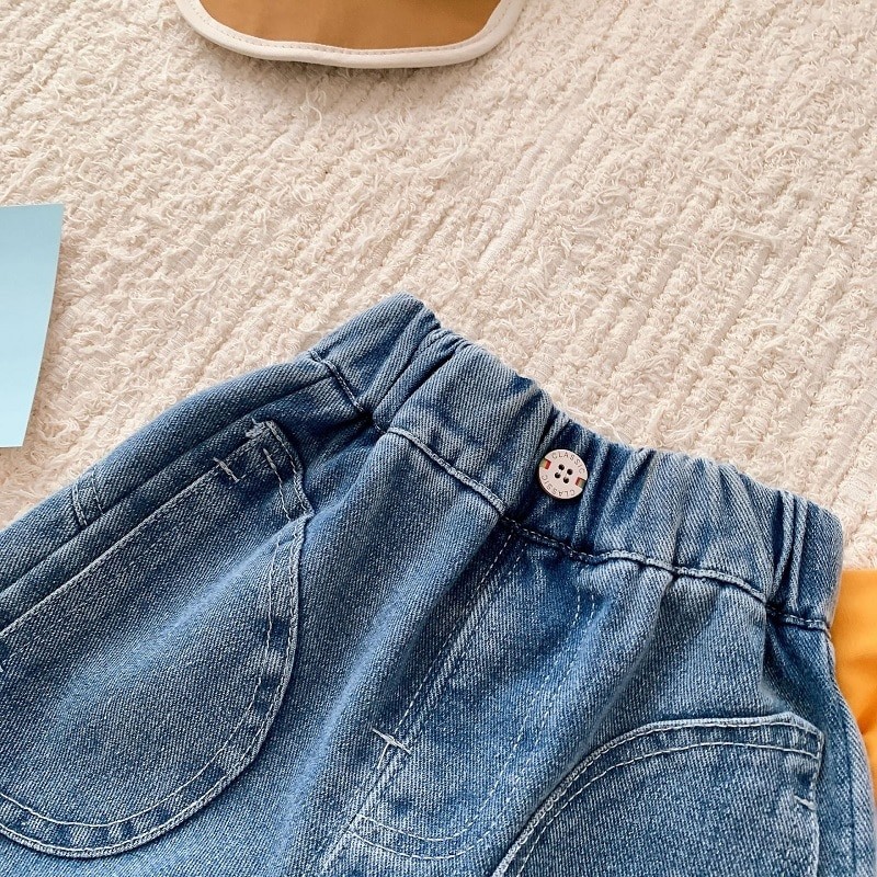 Kids Boy Jeans 0-6Years Children Cargo Denim Pant Solid Color Elastic Waist Loose Trouser Bottom Korea Style Spring Clothes