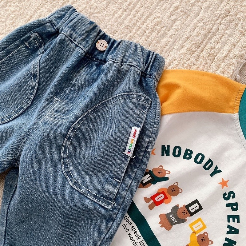 Kids Boy Jeans 0-6Years Children Cargo Denim Pant Solid Color Elastic Waist Loose Trouser Bottom Korea Style Spring Clothes