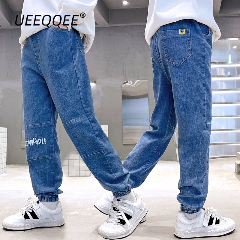 Soft Stretch 2023 Spring Autumn New School Children Jeans Little Boys Denim Pants Kids Elastic Waist Trousers Preteen For 4-14Y