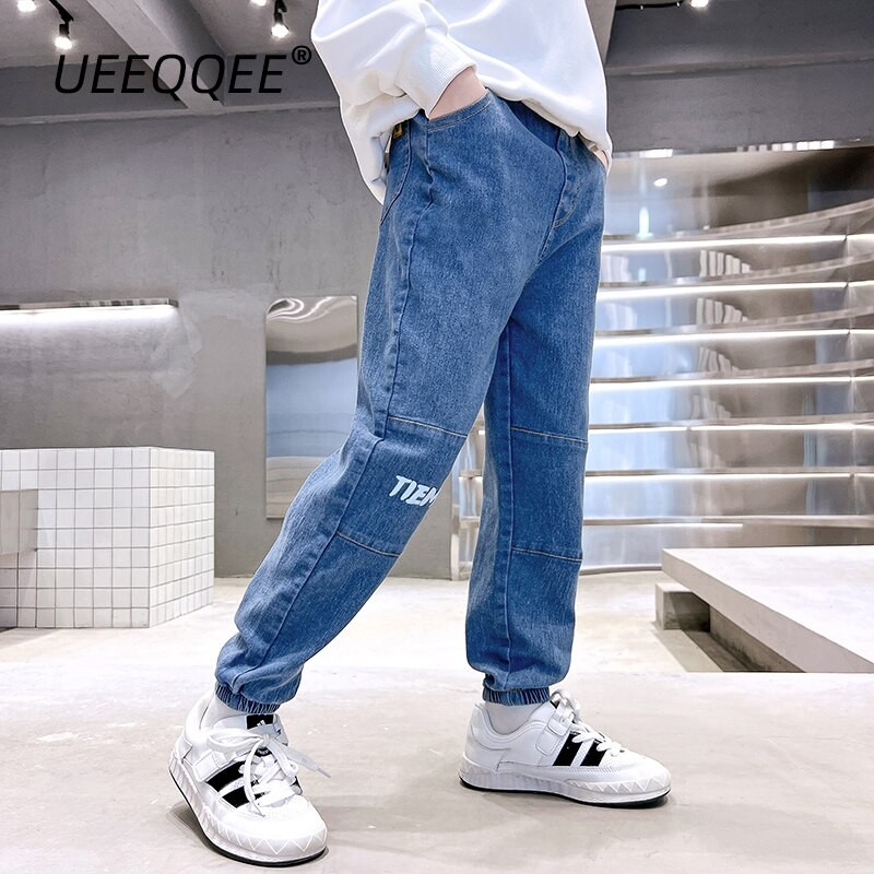 Soft Stretch 2023 Spring Autumn New School Children Jeans Little Boys Denim Pants Kids Elastic Waist Trousers Preteen For 4-14Y