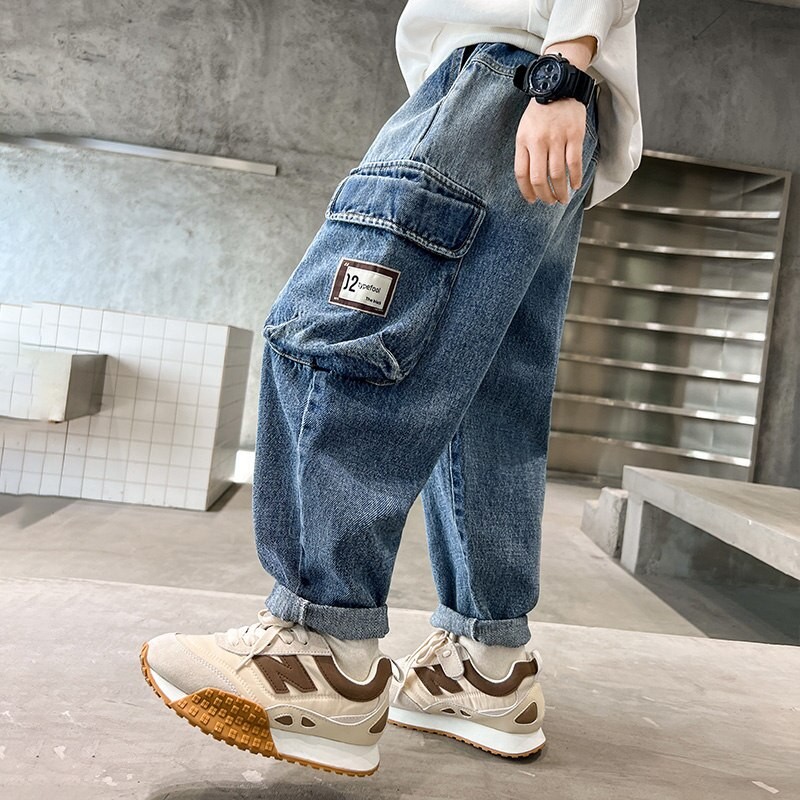 Spring Autumn Kids Casual Cargo Pants for Big Boy Child Fashion Vintage Trousers Cotton Sweatpants Teenage Boys Jeans 14 To 5Yrs