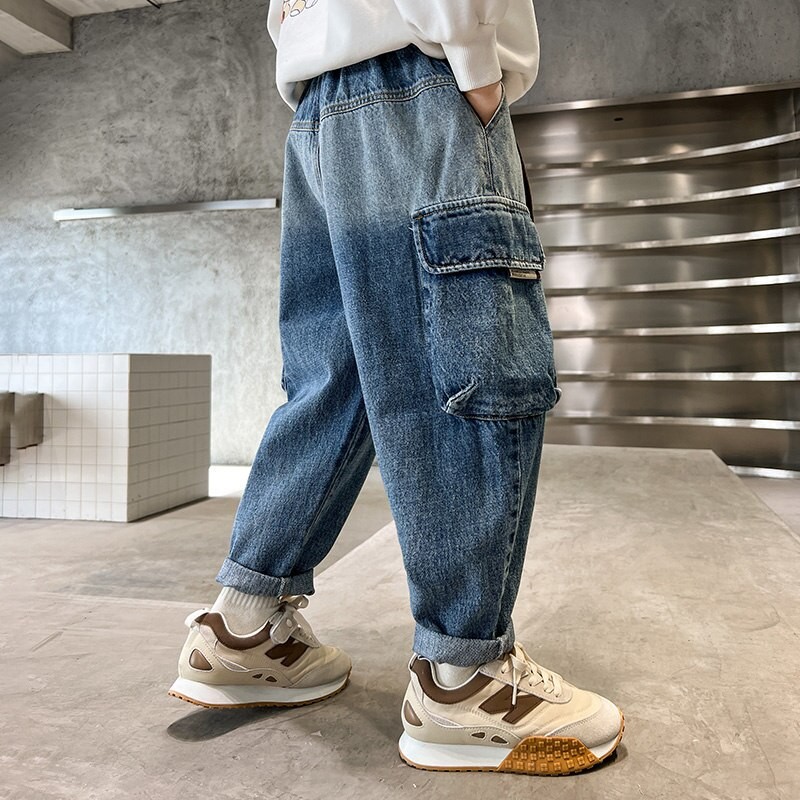 Spring Autumn Kids Casual Cargo Pants for Big Boy Child Fashion Vintage Trousers Cotton Sweatpants Teenage Boys Jeans 14 To 5Yrs
