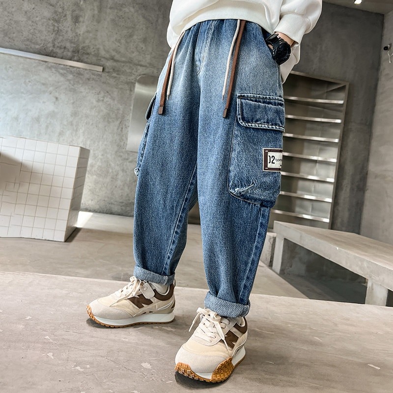 Spring Autumn Kids Casual Cargo Pants for Big Boy Child Fashion Vintage Trousers Cotton Sweatpants Teenage Boys Jeans 14 To 5Yrs
