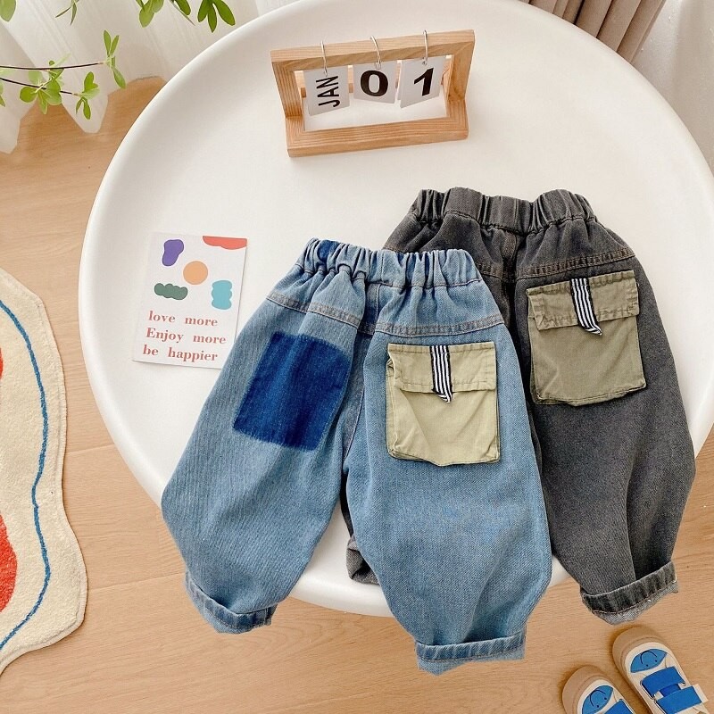 Toddler Kids Boy Jeans 2022 New Autumn Children Cartoon Pattern Loose Cargo Pant Denim Trouser Elastic Waist for 1-7Years