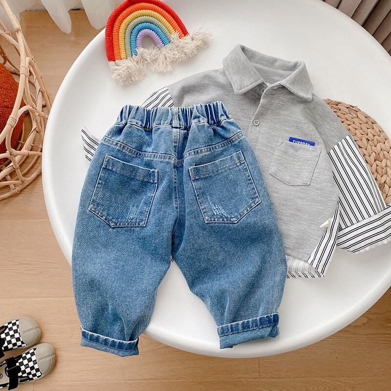 Toddler Kids Boy Jeans 2022 New Autumn Children Cartoon Pattern Loose Cargo Pant Denim Trouser Elastic Waist for 1-7Years