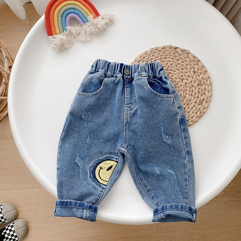 Toddler Kids Boy Jeans 2022 New Autumn Children Cartoon Pattern Loose Cargo Pant Denim Trouser Elastic Waist for 1-7Years