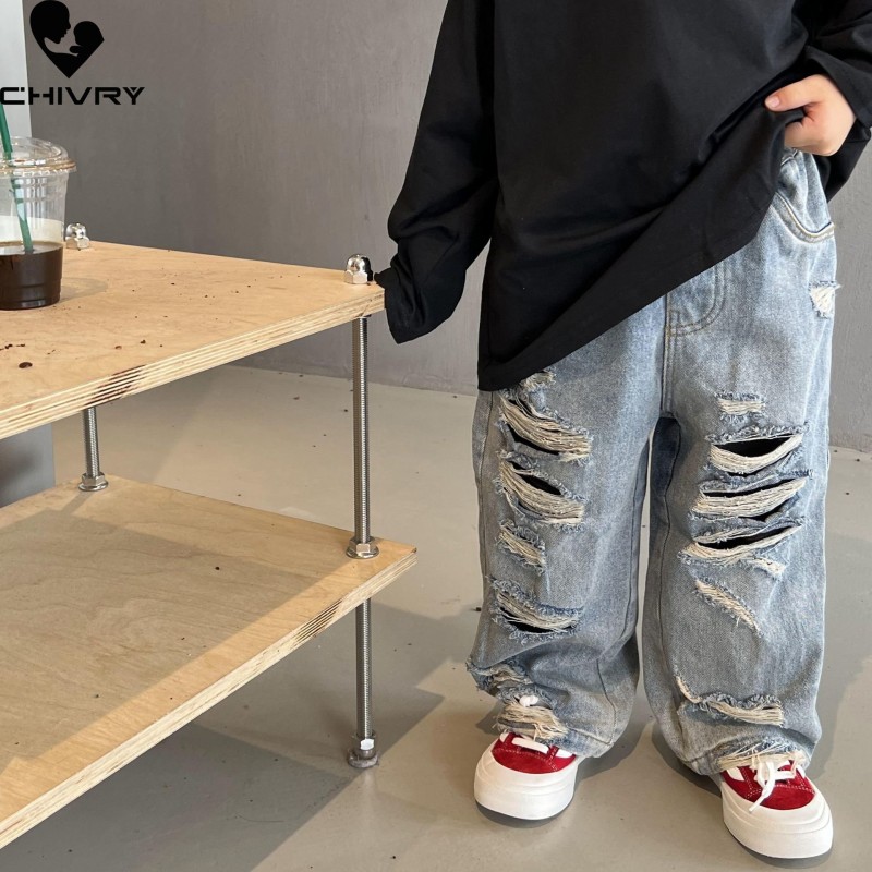 New 2023 Kids Fashion Solid Ripped Jeans Pants Boys Classic Denim Long Trousers Casual Jeans Children Spring Autumn Clothing