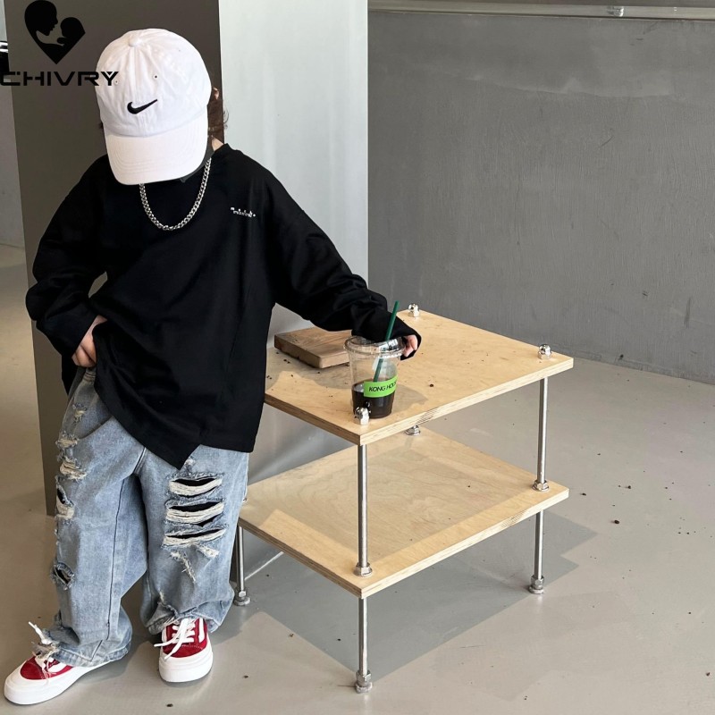 New 2023 Kids Fashion Solid Ripped Jeans Pants Boys Classic Denim Long Trousers Casual Jeans Children Spring Autumn Clothing