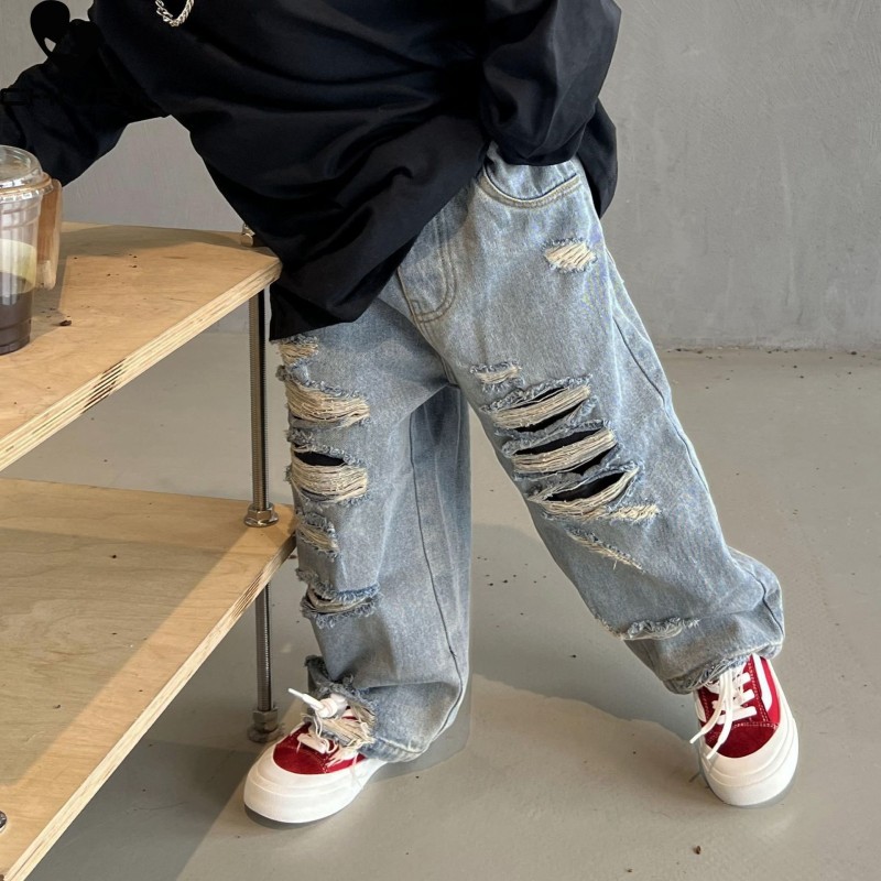 New 2023 Kids Fashion Solid Ripped Jeans Pants Boys Classic Denim Long Trousers Casual Jeans Children Spring Autumn Clothing