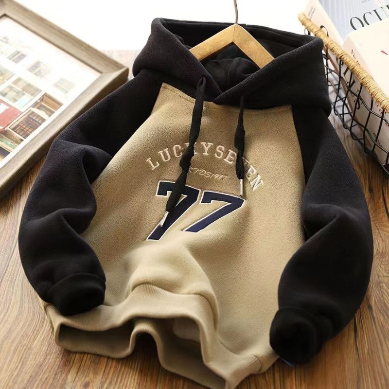 Sports Boys Plus Fleece Hoodie New Printed Hooded Children's Color Collision Stitching Plus Fleece Warm Top Clothes 4-12 Years