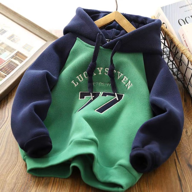 Sports Boys Plus Fleece Hoodie New Printed Hooded Children's Color Collision Stitching Plus Fleece Warm Top Clothes 4-12 Years