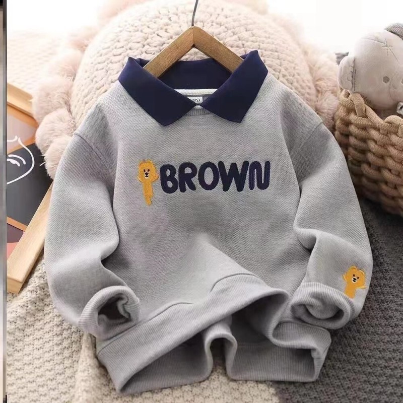 Boys' Fleece-Lined Thickened Cotton Jacket for  Big Children Fake Two-Piece Bottoming Shirts Spring and Autumn Cartoon Sweater