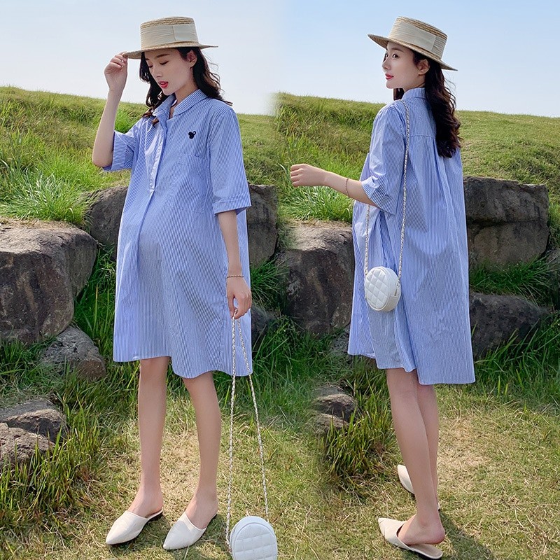 Maternity Dresses Cotton Summer Clothes For Pregnant Women 2022 New Casual Turn Collar Striped Pregnancy Vestidos High Quality