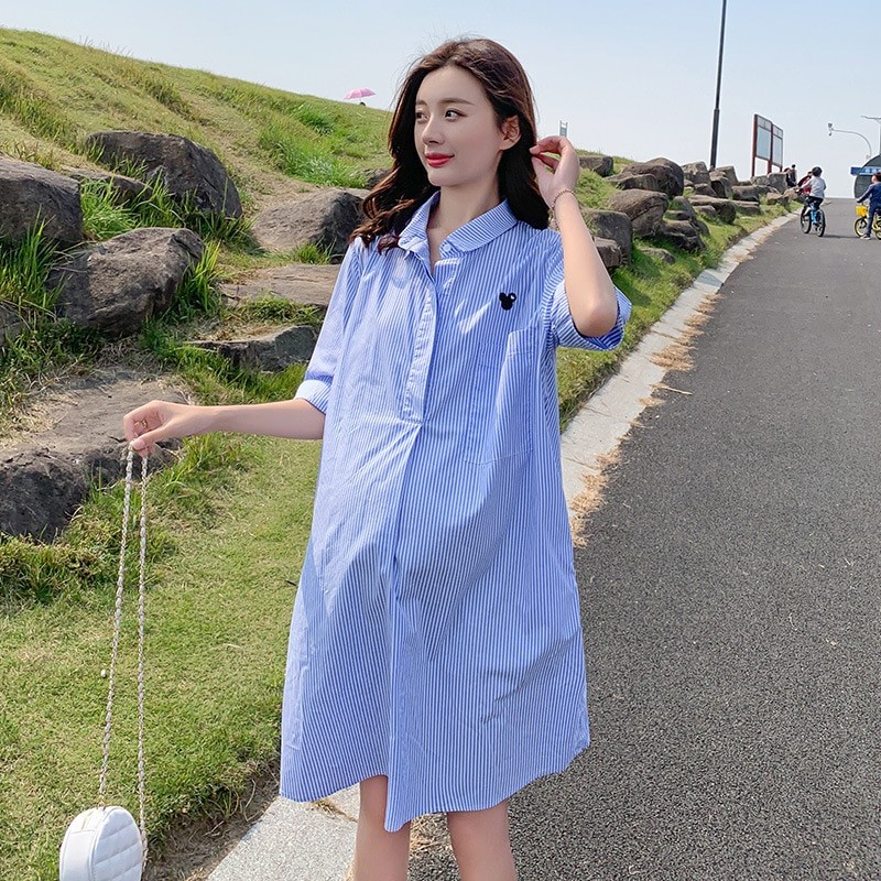 Maternity Dresses Cotton Summer Clothes For Pregnant Women 2022 New Casual Turn Collar Striped Pregnancy Vestidos High Quality