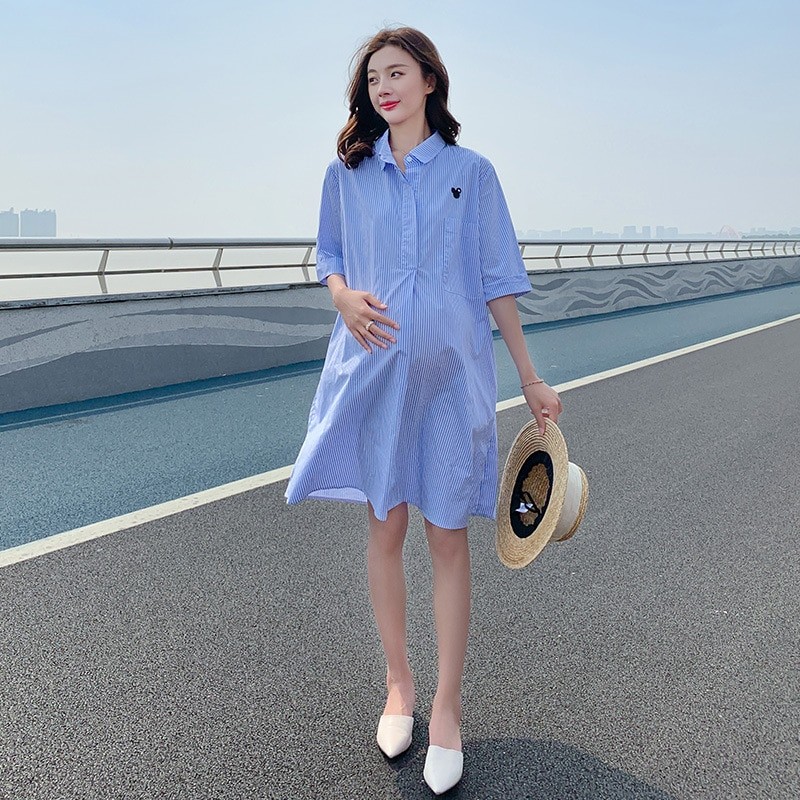 Maternity Dresses Cotton Summer Clothes For Pregnant Women 2022 New Casual Turn Collar Striped Pregnancy Vestidos High Quality