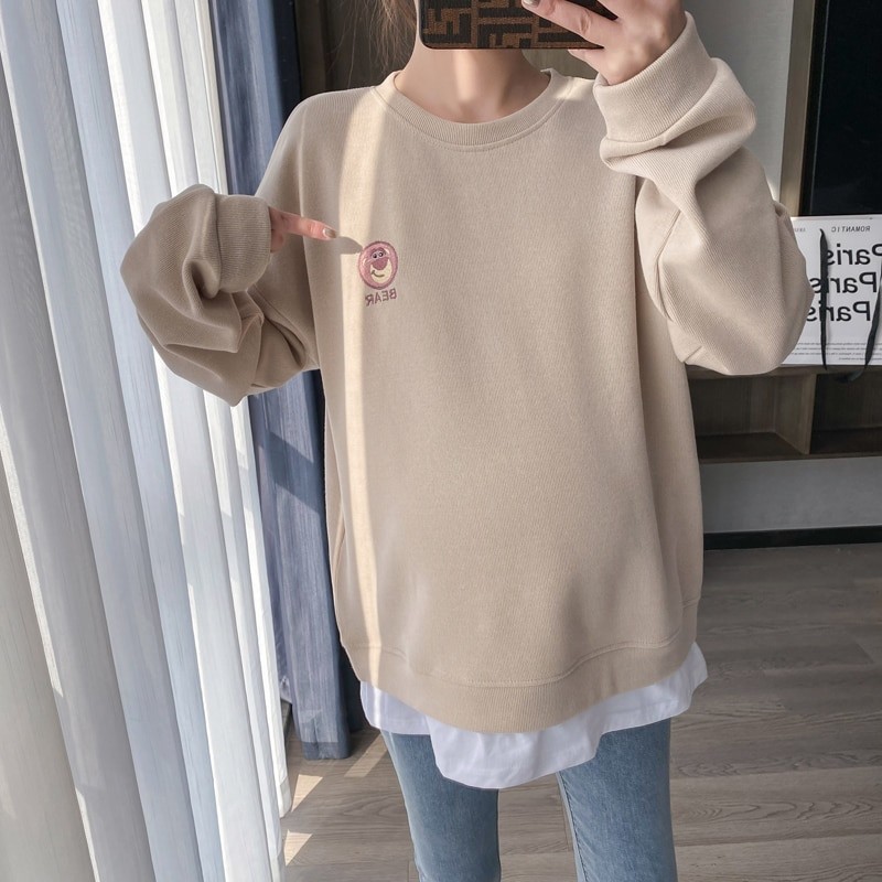 Pregnant Women Loose Leisure Spring Style Fake Two Pieces Embroidered Hoodie Breastfeeding Clothes 8594