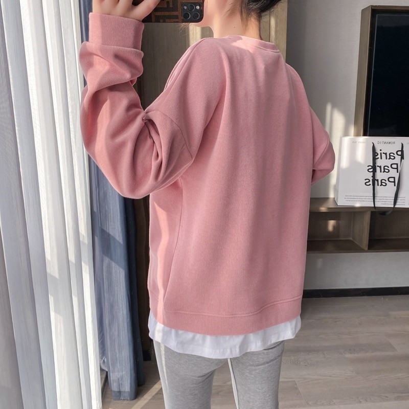 Pregnant Women Loose Leisure Spring Style Fake Two Pieces Embroidered Hoodie Breastfeeding Clothes 8594