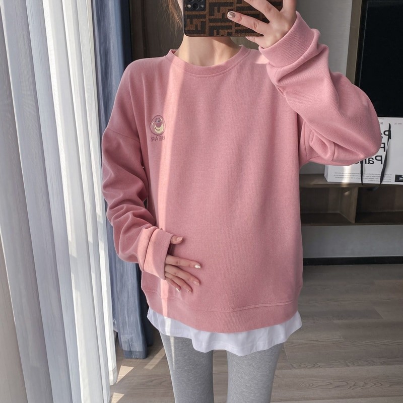 Pregnant Women Loose Leisure Spring Style Fake Two Pieces Embroidered Hoodie Breastfeeding Clothes 8594