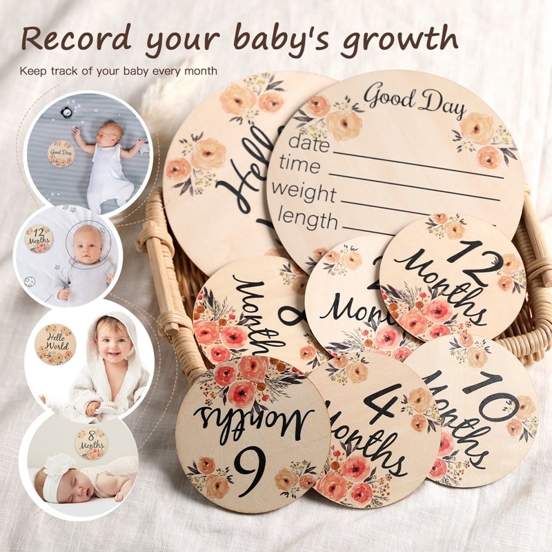 1Set Wooden Baby Milestone Cards Double Sided Flowers Monthly Milestone Cards Pregnancy Markers Newborn Photography Props